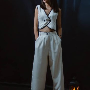 Conjunto de pantalones para mujer, cuello en V, chaleco corto en contraste + pantalón largo suelto de pierna ancha para mujer