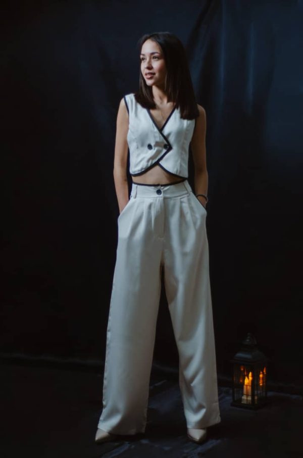 Conjunto de pantalones para mujer, cuello en V, chaleco corto en contraste + pantalón largo suelto de pierna ancha para mujer