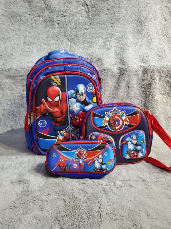 Mochila escolar + lonchera y lapicera con diseño de SpiderMan y Capitán América.