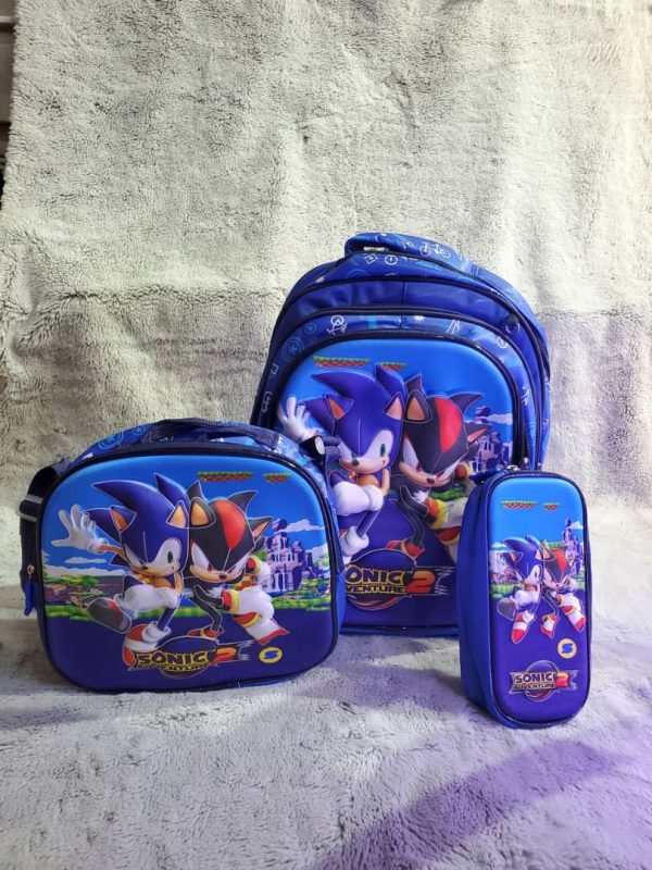 Mochila escolar + lonchera y lapicera con diseño de Sonic