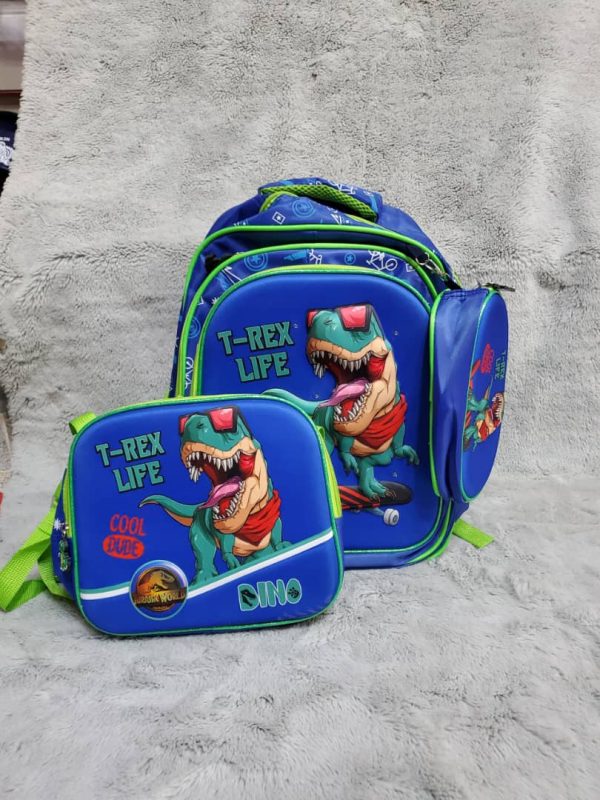 Mochila escolar + lonchera y lapicera con diseño de T-Rex