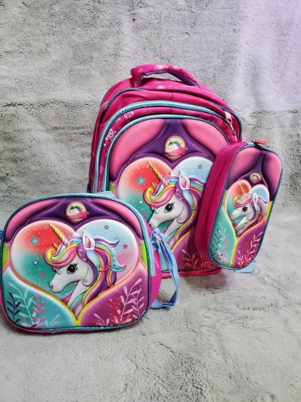 Mochila escolar + lonchera y lapicera con diseño de unicornio