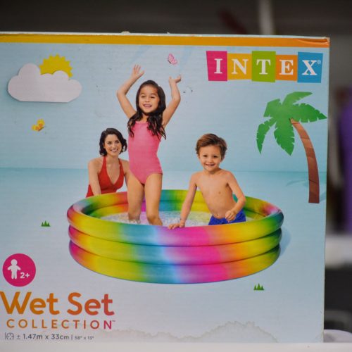 Piscina hinchable infantil, 147x33 cm, 330 litros, diseño arcoíris, 3 cámaras de aire con doble válvula, vinilo resistente, uso exterior, niños +2 años