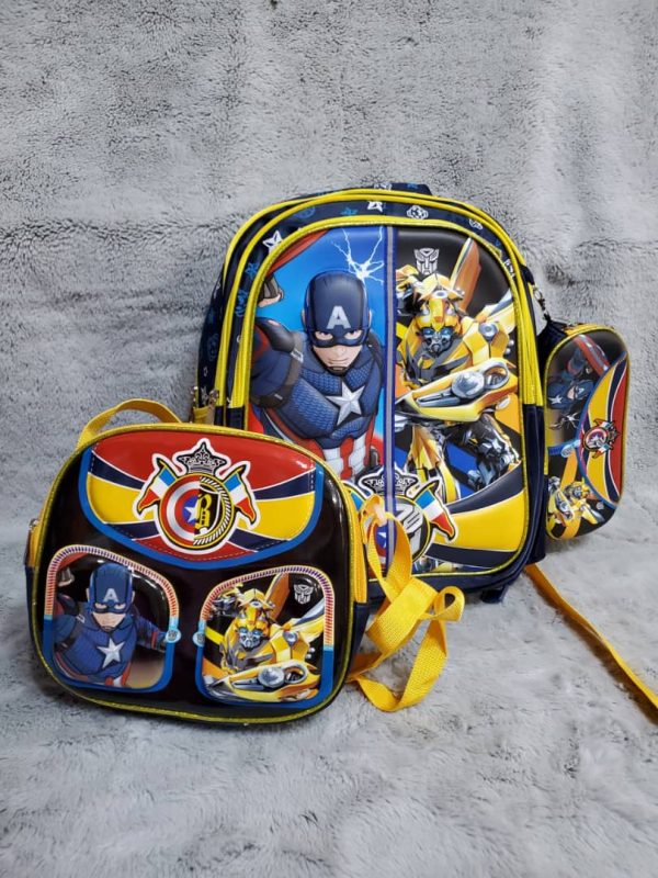 Mochila escolar + lonchera y lapicera con diseño de Capitán América y Bumblebee