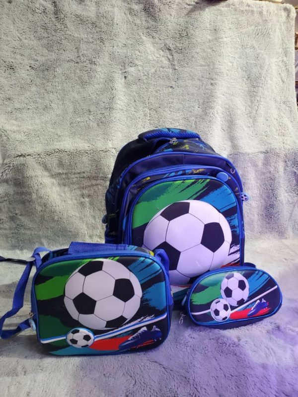 Mochila escolar + lonchera y lapicera con diseño de fútbol