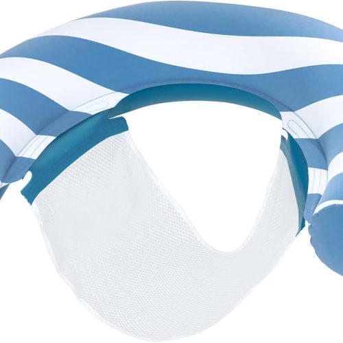 H2O GO Cómoda silla de fideos de felpa, rayas azules y blancas, 47 x 26.5 pulgadas, flotador inflable de lujo para piscina, asiento de malla.