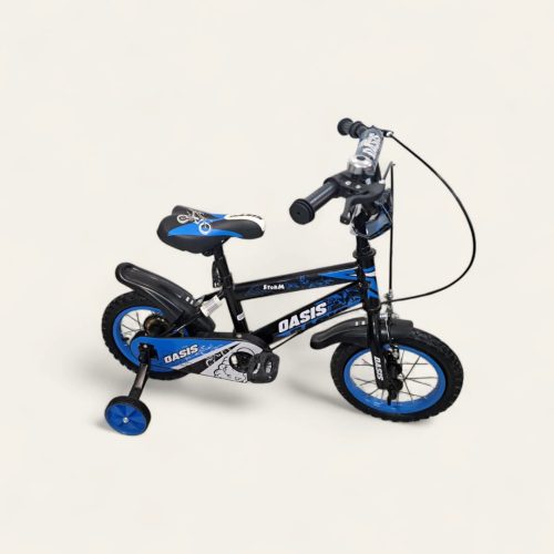 Bicicleta 12" infantil de la marca Oasis, modelo "Storm", equipada con ruedas de entrenamiento