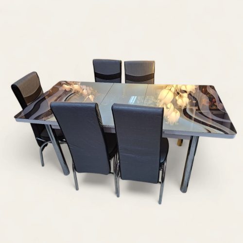 Juego de mesa de comedor de mármol negro y dorado con sillas para 6 juego de mesa de cocina de vidrio de mármol sintético, mesa de comedor moderna y 6 sillas tapizadas