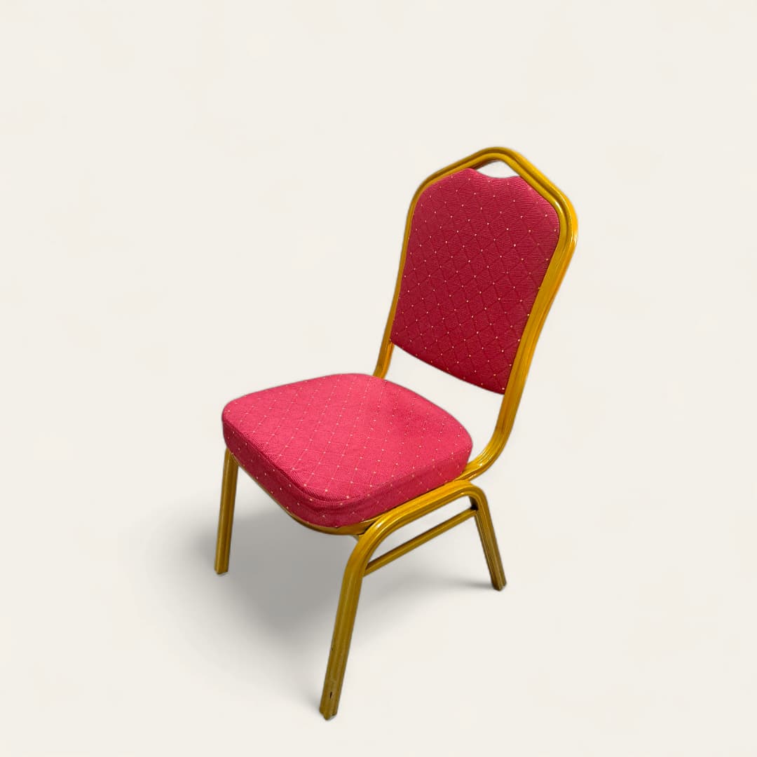 Silla de banquete apilable con respaldo de cúpula en tela estampada rojo, marco dorado