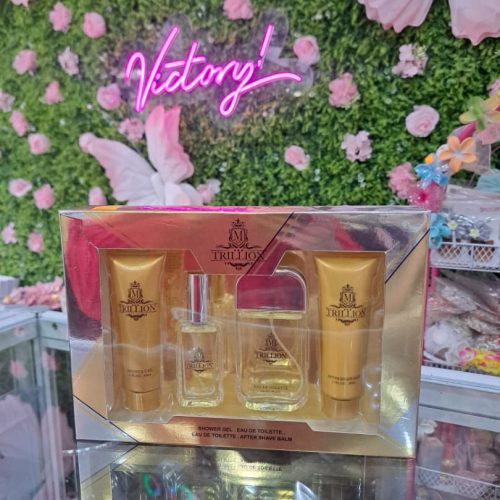 Set de regalo de 4 piezas "Trillion" de Hybrid & Company para hombres: perfume, un body mist, una loción corporal y un gel de ducha.