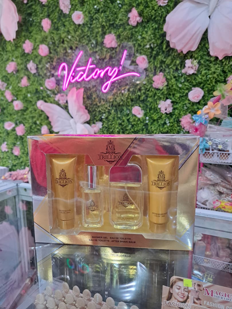 Set de regalo de 4 piezas "Trillion" de Hybrid & Company para hombres: perfume, un body mist, una loción corporal y un gel de ducha.