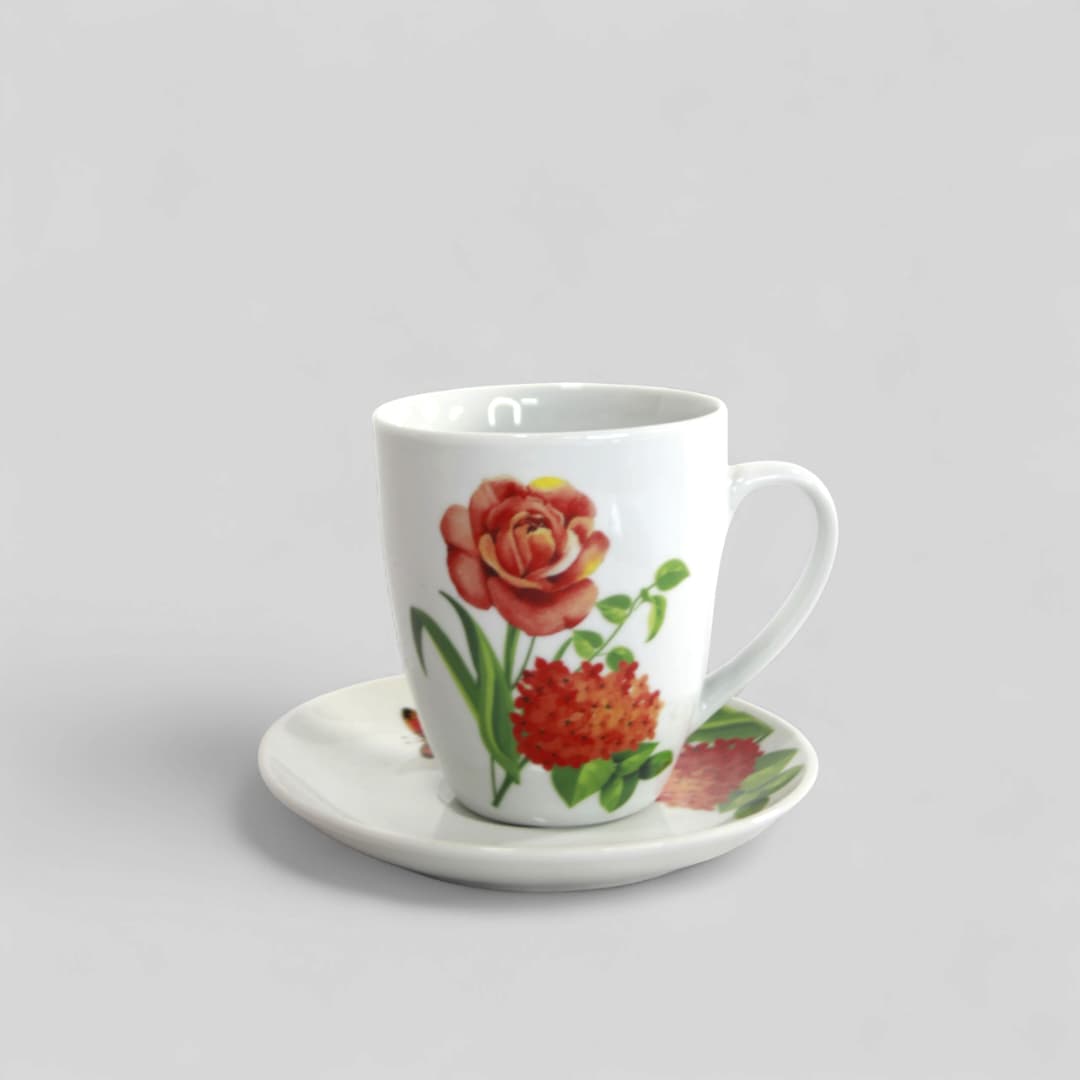 Set de 6 tazas con platillo, diseño de rosa, multicolor