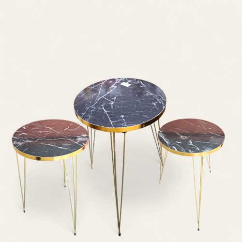 Juego de 3 mesas anidables, elegante parte superior redonda con patas doradas de metal, juego de mesas auxiliares de madera apilables.