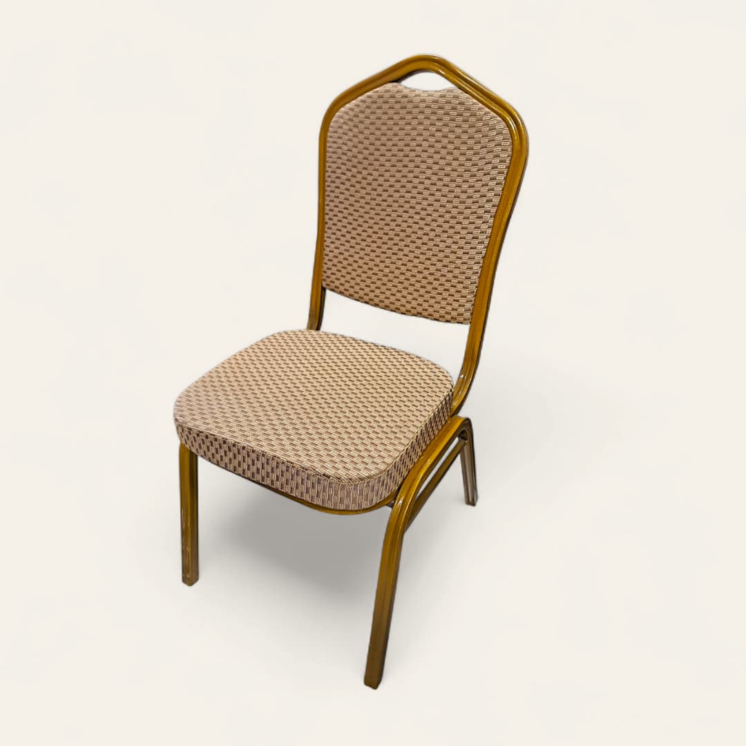 Silla de banquete apilable con respaldo de cúpula en tela estampada rojo, marco dorado - Imagen 3