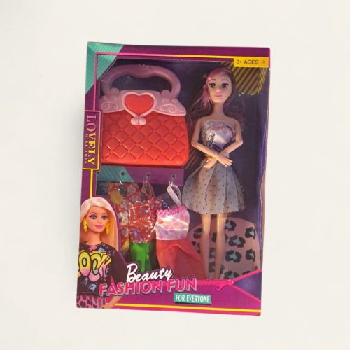 Set de juguetes para niñas, incluye una muñeca, bolso, conjunto de ropa y zapatos adicionales.